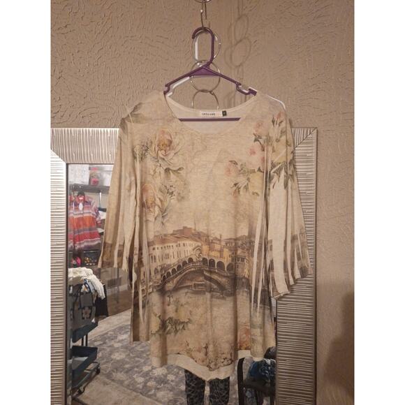 Origami Small Blouse Roses Tan Boho Style - Picture 1 of 12